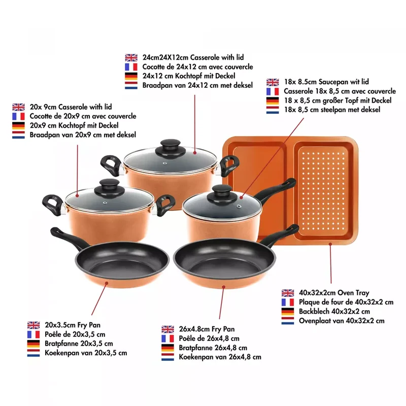 Batterie de cuisine anti-adhésive en cuivre 9 pièces tous feux
