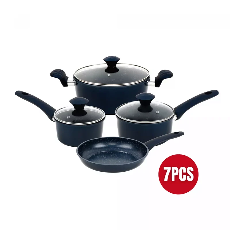 Batterie de cuisine forgée revêtement en marbre bleu 7 pièces tous feux