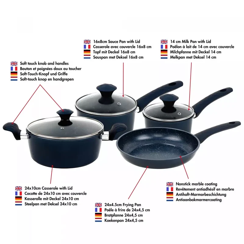 Batterie de cuisine forgée revêtement en marbre bleu 7 pièces tous feux