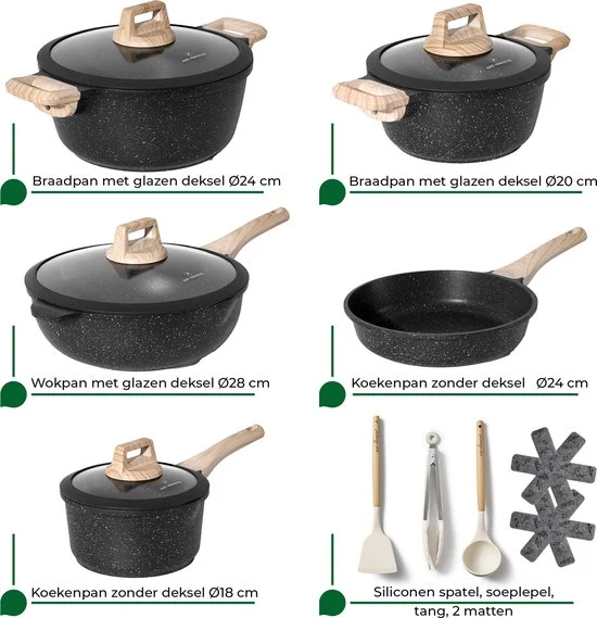 Batterie de Cuisine 14 pièces Antiadhésives en Granit Noir - Tous feux dont induction