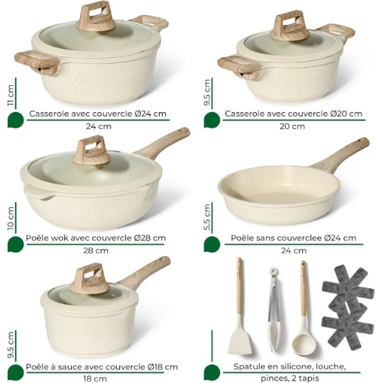 Batterie de Cuisine 14 pièces Antiadhésives en Granit beige - Tous feux dont induction