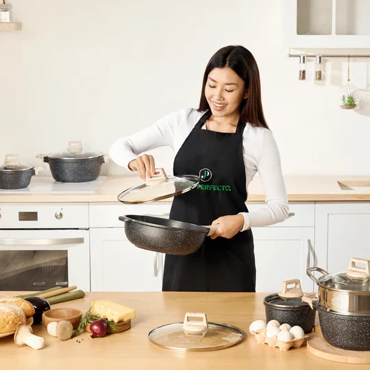 Batterie de Cuisine 14 pièces avec cuisseur à vapeur Antiadhésives en Granit noir- Tous feux dont induction