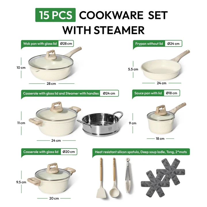 Batterie de Cuisine 15 pièces avec cuisseur à vapeur Antiadhésives en Granit beige - Tous feux dont induction