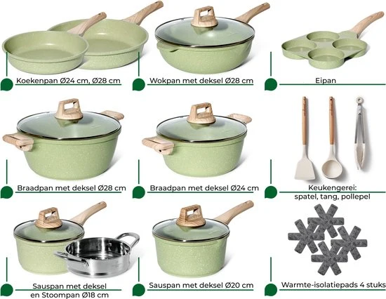 Batterie de Cuisine 21 pièces Antiadhésives en Granit vert - Tous feux dont induction